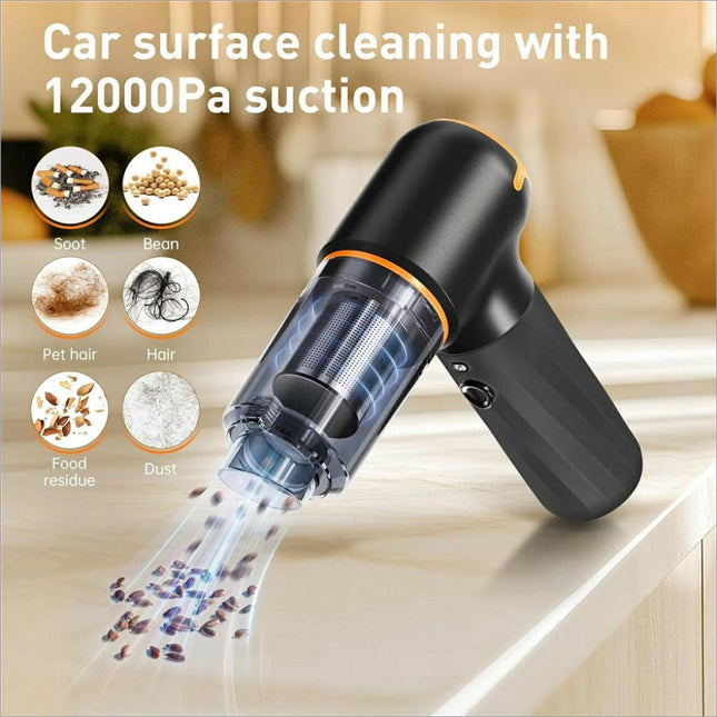 Black handheld car vacuum cleaner with transparent dust chamber and orange trim rechargeable wireless powerful suction