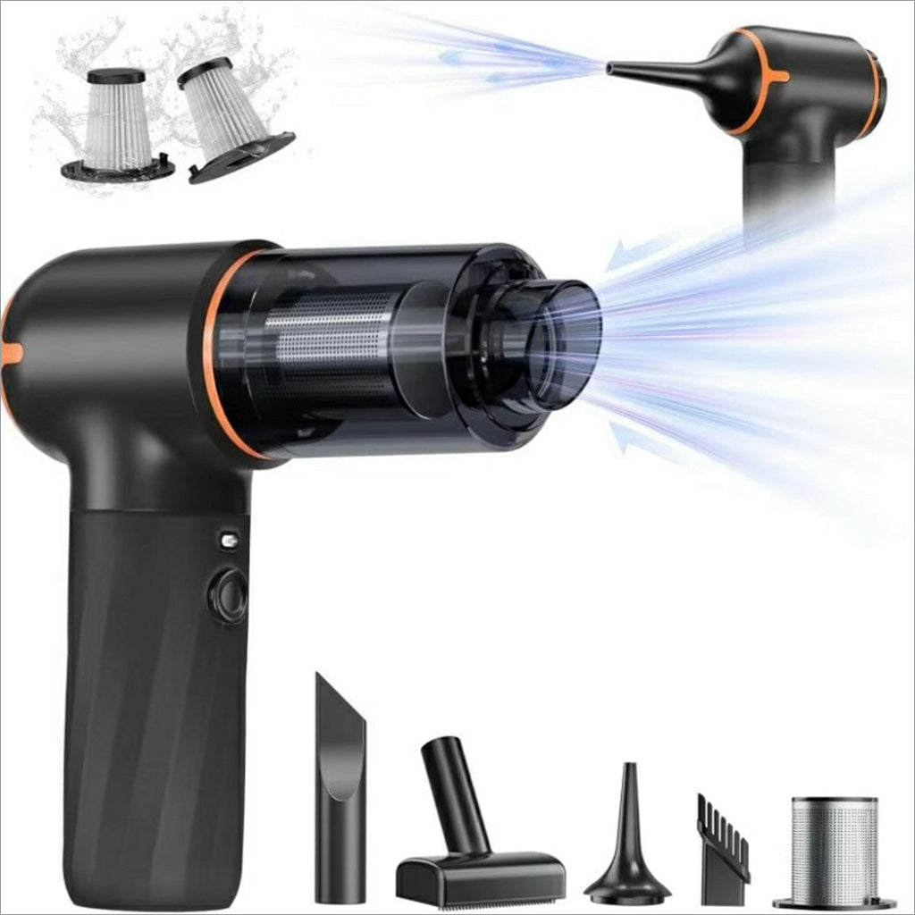 Black and orange handheld mini car vacuum cleaner with rechargeable wireless powerful suction for easy cleaning