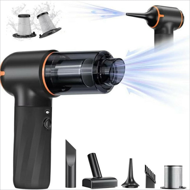 Black and orange handheld mini car vacuum cleaner with rechargeable wireless powerful suction for easy cleaning