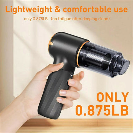 Black and orange handheld mini car vacuum cleaner with ergonomic design and powerful wireless suction for easy cleaning