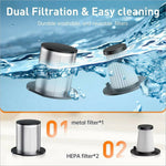 Handheld mini car vacuum cleaner showing metallic perforated filter and white pleated hepa filters for powerful suction