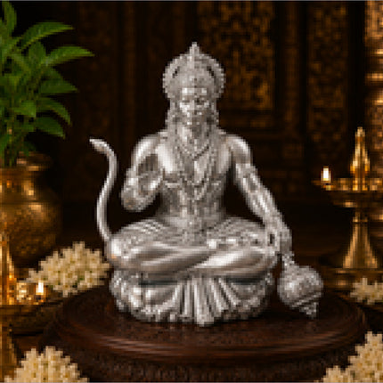 Hanuman Ji idol silver antique finish meditation pose with Gada - Rubnic Craft