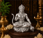 Hanuman Ji idol silver antique finish meditation pose with Gada - Rubnic Craft