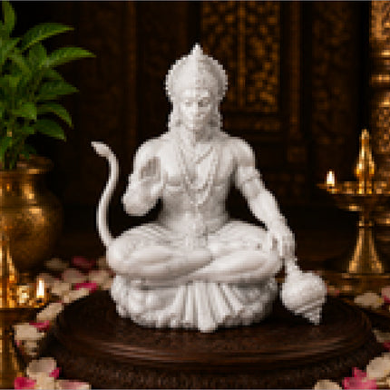 Hanuman Ji white marble finish stone temple idol Dhyan Mudra - Rubnic Craft