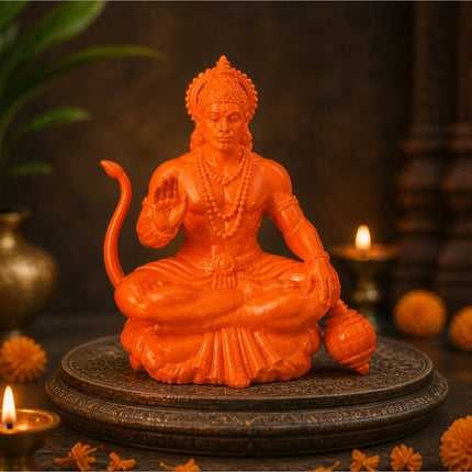 Vibrant orange hanuman ji idol with crown and beaded necklace 3d printed bajrangbali murti for home temple