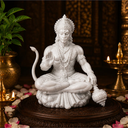 White marble hanuman ji idol seated in meditative pose with one hand raised for home temple bajrangbali murti