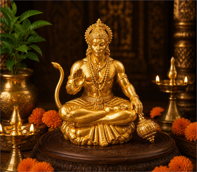 Golden hanuman ji idol with intricate detailing and traditional crown meditating on ornate wooden base for home temple bajrangbali murti