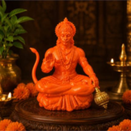 Hanuman Ji 3D printed idol saffron orange color meditation pose with Gada - Rubnic Craft