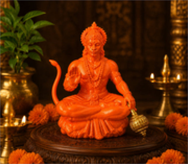 Hanuman Ji 3D printed idol saffron orange color meditation pose with Gada - Rubnic Craft