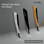 Close-up of IKONIC Pro Razor's stainless steel blade arm, showcasing its durability and innovative push blade mechanism for efficient grooming.