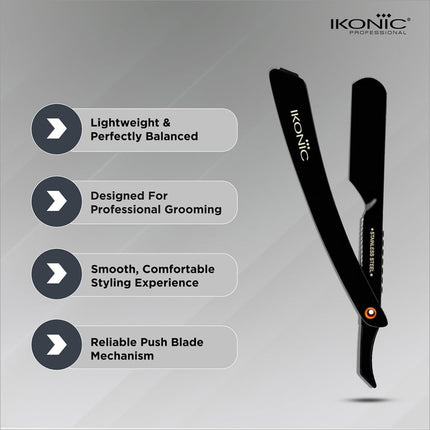 IKONIC Pro Razor in an elegant presentation, ideal as a gift for him, designed with a stainless steel blade razor for professional grooming.