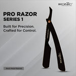 Image showcasing the IKONIC Pro Razor - Series 1 in sleek black finish, emphasizing its stainless steel blade razor for precision shaving.