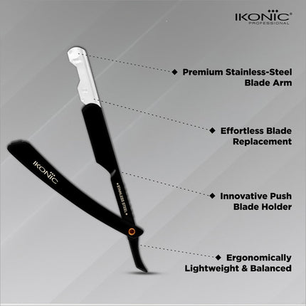 Effortless blade replacement mechanism of the IKONIC Pro Razor, enhancing workflow efficiency with its stainless steel blade razor.