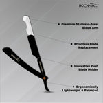 Effortless blade replacement mechanism of the IKONIC Pro Razor, enhancing workflow efficiency with its stainless steel blade razor.