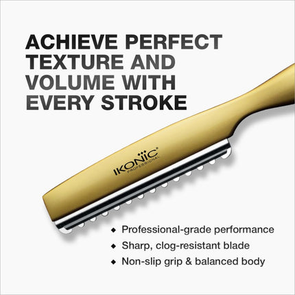 IKONIC Pro Texturizing Razor displayed in a salon environment, highlighting its lightweight and ergonomic features, perfect for creating detailed hairstyles using a texturizing hair razor.