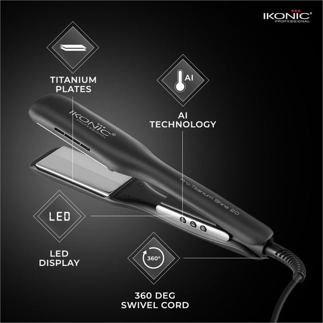 Ikonic Pro Titanium Shine Hair Straightener Black with AI