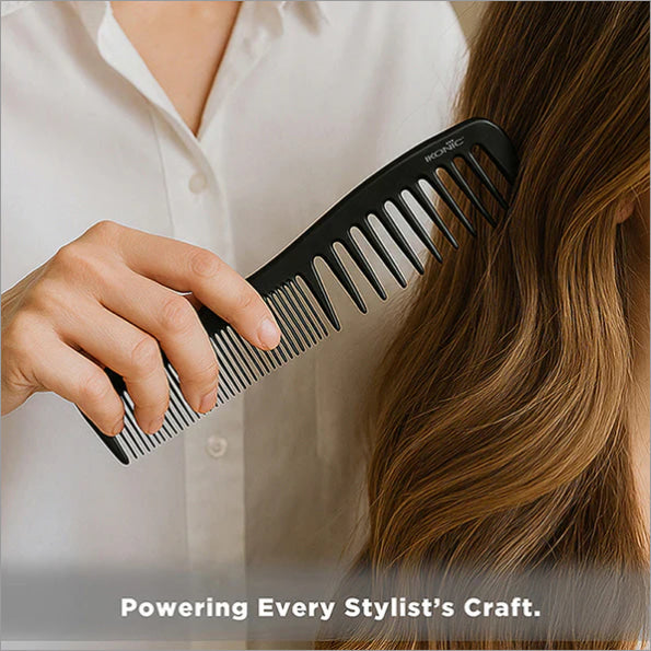 Detailed view of the Ikonic Professional Pro Comb Set, highlighting the carbon fiber reinforced combs that make it a top professional comb set.
