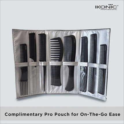 Complete Ikonic Professional Pro Comb Set in a stylish pouch, offering hairstylists an efficient professional comb set for styling.