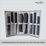 Complete Ikonic Professional Pro Comb Set in a stylish pouch, offering hairstylists an efficient professional comb set for styling.