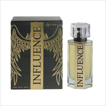 Influence premium perfume by BIRRA with its packaging. The image features the perfume bottle next to its decorative box, both adorned with intricate designs and the 'INFLUENCE' label prominently displayed.