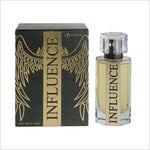 Influence premium perfume by BIRRA with its packaging. The image features the perfume bottle next to its decorative box, both adorned with intricate designs and the 'INFLUENCE' label prominently displayed.