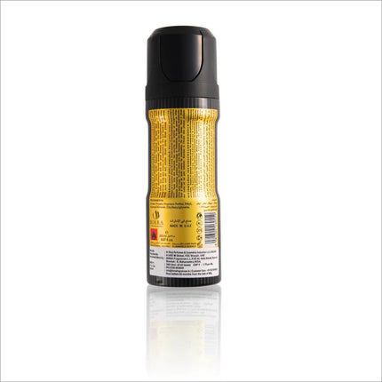 Back view of the Influence Deodorant spray bottle by BIRRA, highlighting detailed product information and ingredients on a yellow label. The bottle features a black cap and is shown against a neutral background, emphasizing its cylindrical shape.