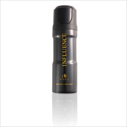 Front view of the Influence Deodorant spray bottle by BIRRA, showcasing its sleek gray design with a bold gold label stating 'INFLUENCE' and 'Deodorant Body Spray.' The bottle is positioned upright, reflecting light elegantly.