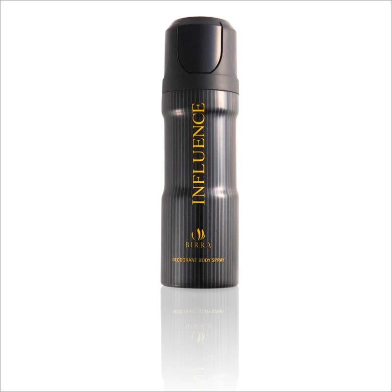 Front view of the Influence Deodorant spray bottle by BIRRA, showcasing its sleek gray design with a bold gold label stating 'INFLUENCE' and 'Deodorant Body Spray.' The bottle is positioned upright, reflecting light elegantly.