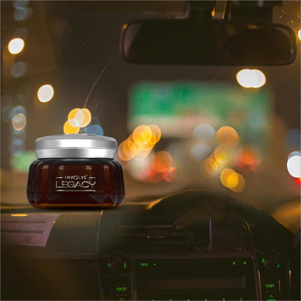 Unboxing of Involve Your Senses Legacy 50g long lasting car perfume, highlighting its fresh scent and quality.