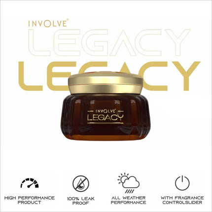 Involve Your Senses Legacy long lasting car perfume stylishly displayed, perfect for an elevated driving experience.