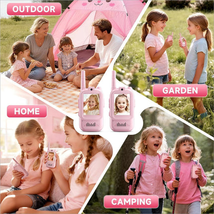 Pink jk200 children’s two-way radios with cute cartoon faces 2.0 inch screen interactive video walkie set