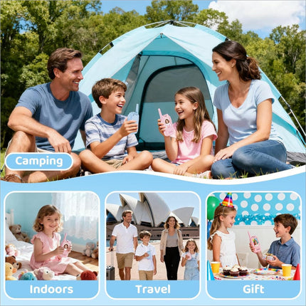Light blue dome tent with mesh window and sturdy poles shown alongside jk200 1 pair 2 inch screen interactive video walkie talkie set