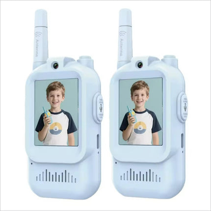 White inch screen interactive video walkie talkie set for children with antennas and smiling boy on small screens