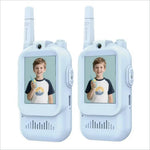 White inch screen interactive video walkie talkie set for children with antennas and smiling boy on small screens