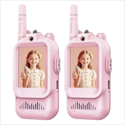 Pink jk200 children’s walkie talkies with 2.0 inch screen interactive video showing a girl holding a toy toy