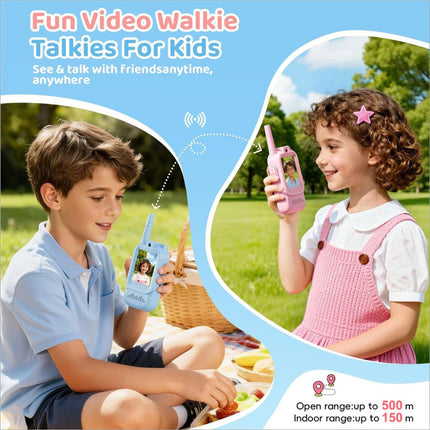 Jk200 pink and blue children’s interactive video walkie talkie set with 2 inch screen for 150-500m range communication