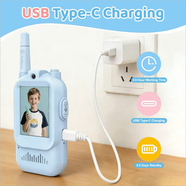 Light blue jk200 inch screen interactive video walkie talkie with small screen showing smiling child and top antenna