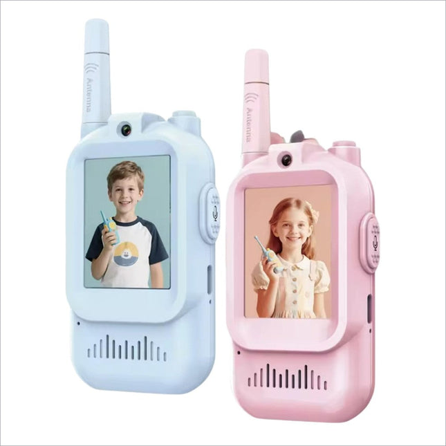 Two children’s walkie-talkies in light blue and pink with 2.0 inch screen interactive video displays for communication