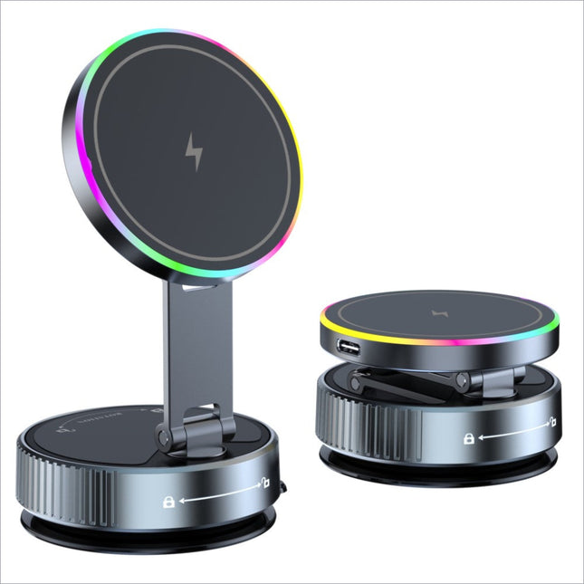 K3 rotating magnetic car phone holder wireless charging stand with black surface and rainbow led ring light
