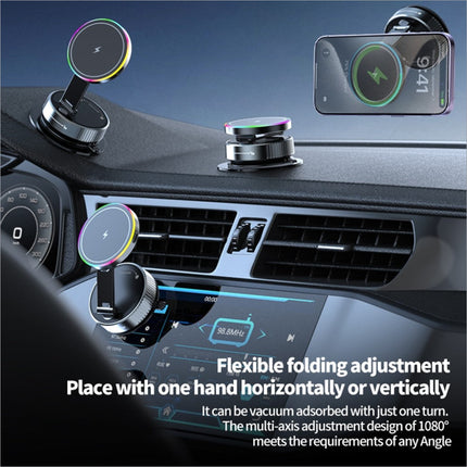 Black rotating magnetic car phone holder with wireless charging circular pad and adjustable arm with colorful light