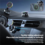 Black rotating magnetic car phone holder with wireless charging circular pad and adjustable arm with colorful light