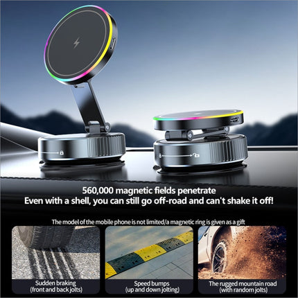 Black magnetic car phone holder with rotating wireless charging pad and colorful rainbow led light ring edge