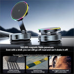 Black magnetic car phone holder with rotating wireless charging pad and colorful rainbow led light ring edge