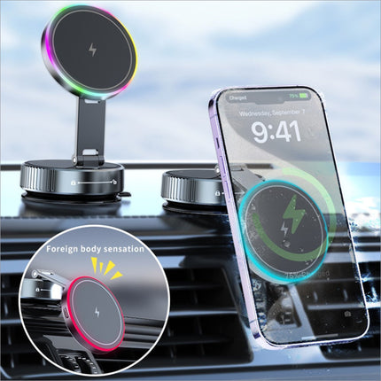 A sleek black rotating magnetic car phone holder with wireless charging and colorful light on an adjustable stand