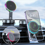 A sleek black rotating magnetic car phone holder with wireless charging and colorful light on an adjustable stand