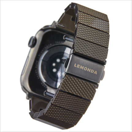 Dark brown carbon fiber patterned lemonda plantfiber strap metal watch band for apple watch ultra with lemonda engraved clasp