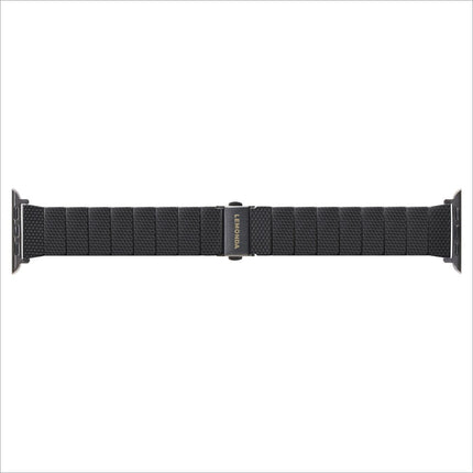 Black woven mesh lemonda plantfiber strap for apple watch ultra with sleek design and lenoha engraved clasp