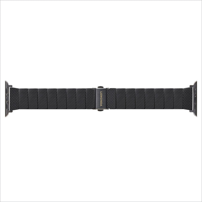 Black woven mesh lemonda plantfiber strap for apple watch ultra with sleek design and lenoha engraved clasp
