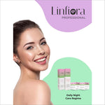 A smiling model showcasing the benefits of Linfiora Professional Detan 8 Steps Facial Kit with Lotus Extract, highlighting glowing skin. This facial kit for men and women promises instant tan removal and promotes youthful radiance, glow, hydration, and nutrition suitable for all age groups - 80 gm.