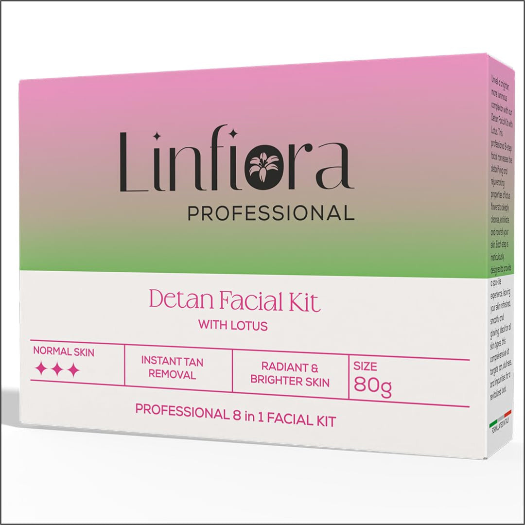 Linfiora Professional Detan 8 Steps Facial Kit with Lotus Extract packaging, featuring bright gradient colors and clear labeling for instant tan removal and radiant, brighter skin. Ideal facial kit for men and women, promoting glow, hydration, and nutrition for all age groups - 80 gm.